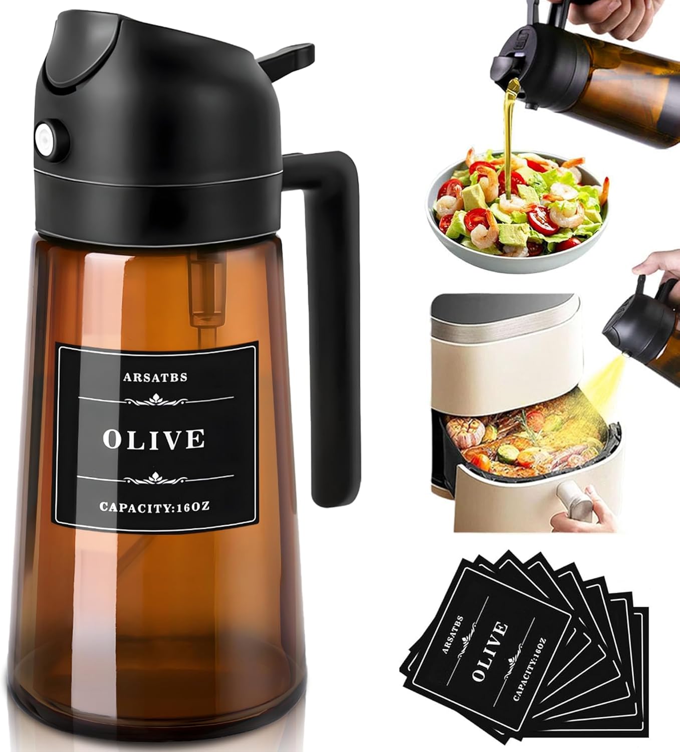 16oz/470ml 2 1 Olive Oil Sprayer for Cooking, in Oil Dispenser Bottle Spray and Pour with Stickers, Premium Dark Brown