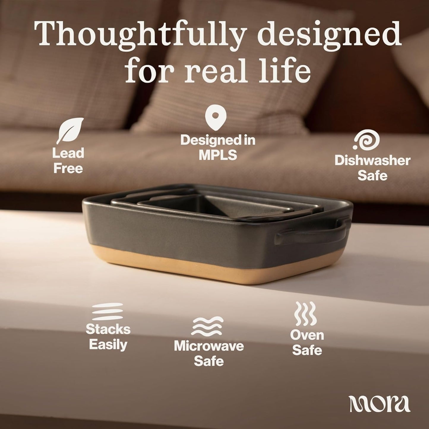 Mora Ceramic Baking Dish - Extra Deep 9x13 in Casserole Pan with Handles | Oven to Table Porcelain Bakeware - Oat