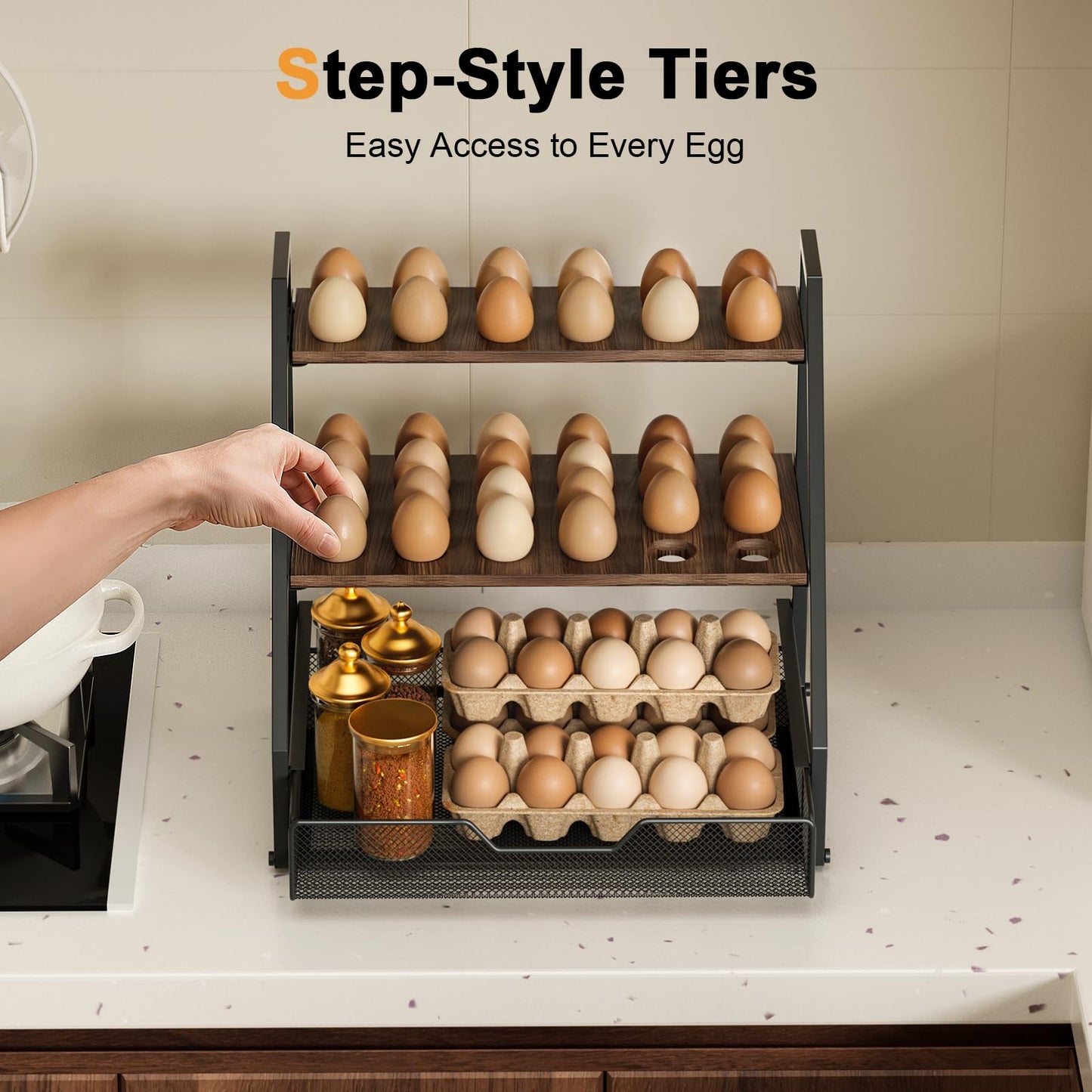 Wolera 3-Tier Wooden Fresh Egg Holder Countertop With Basket for 36+90 Eggs, Storage for Countertop with Carry Handle for Gathering 150+ Fresh Eggs