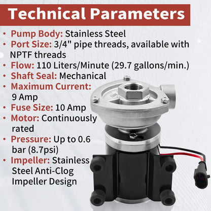50840-0012 12V ‎29.7GPM Low Pressure Marine Centrifugal Pump Replacement for 50840-0012 Cyclon Centrifugal Pump 8.7Psi 3/4"NPT Stainless Steel Electric Water Pump for Marine & RV