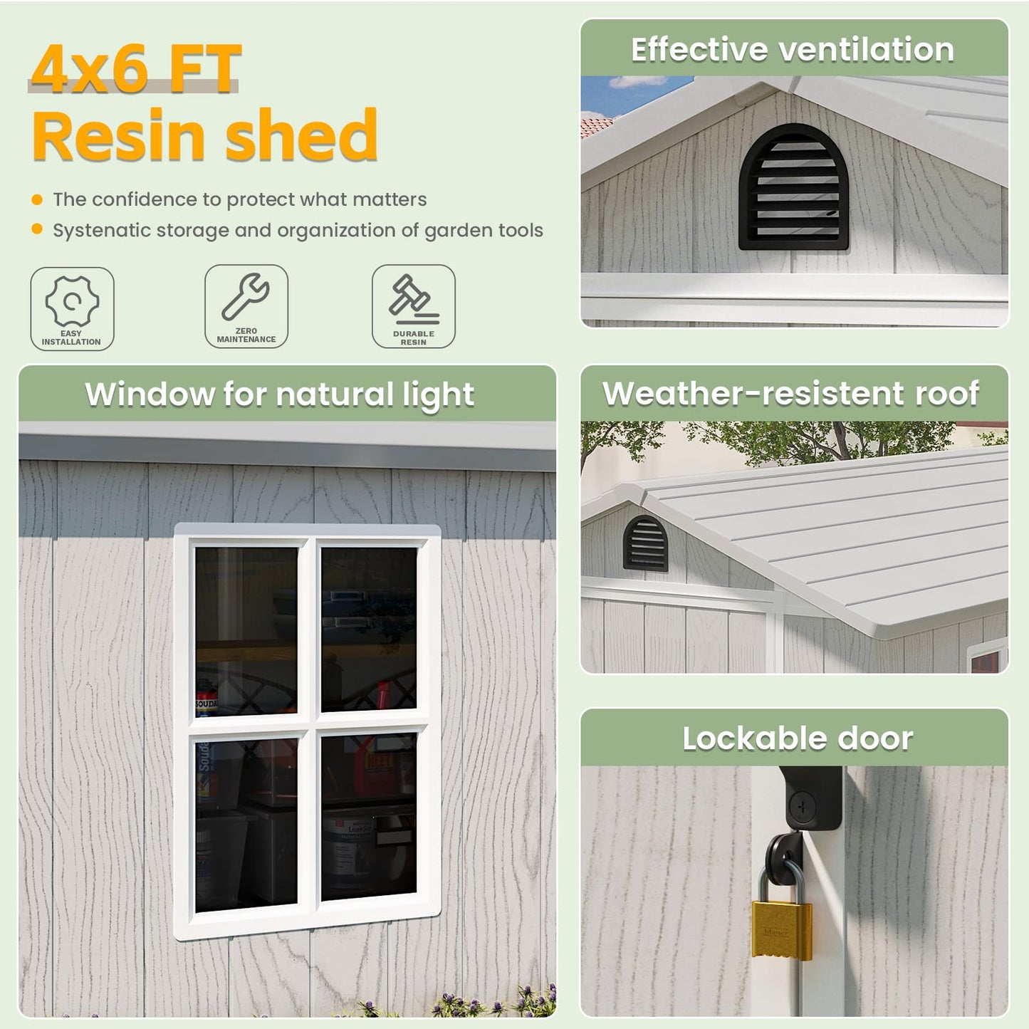 Patiowell 4 x 6 FT Plastic Outdoor Storage Shed with Floor, Resin Shed Outside Tool Shed with Window and Lockable Door for Backyard Garden Patio Lawn, Light Gray (Fit-it Shed)
