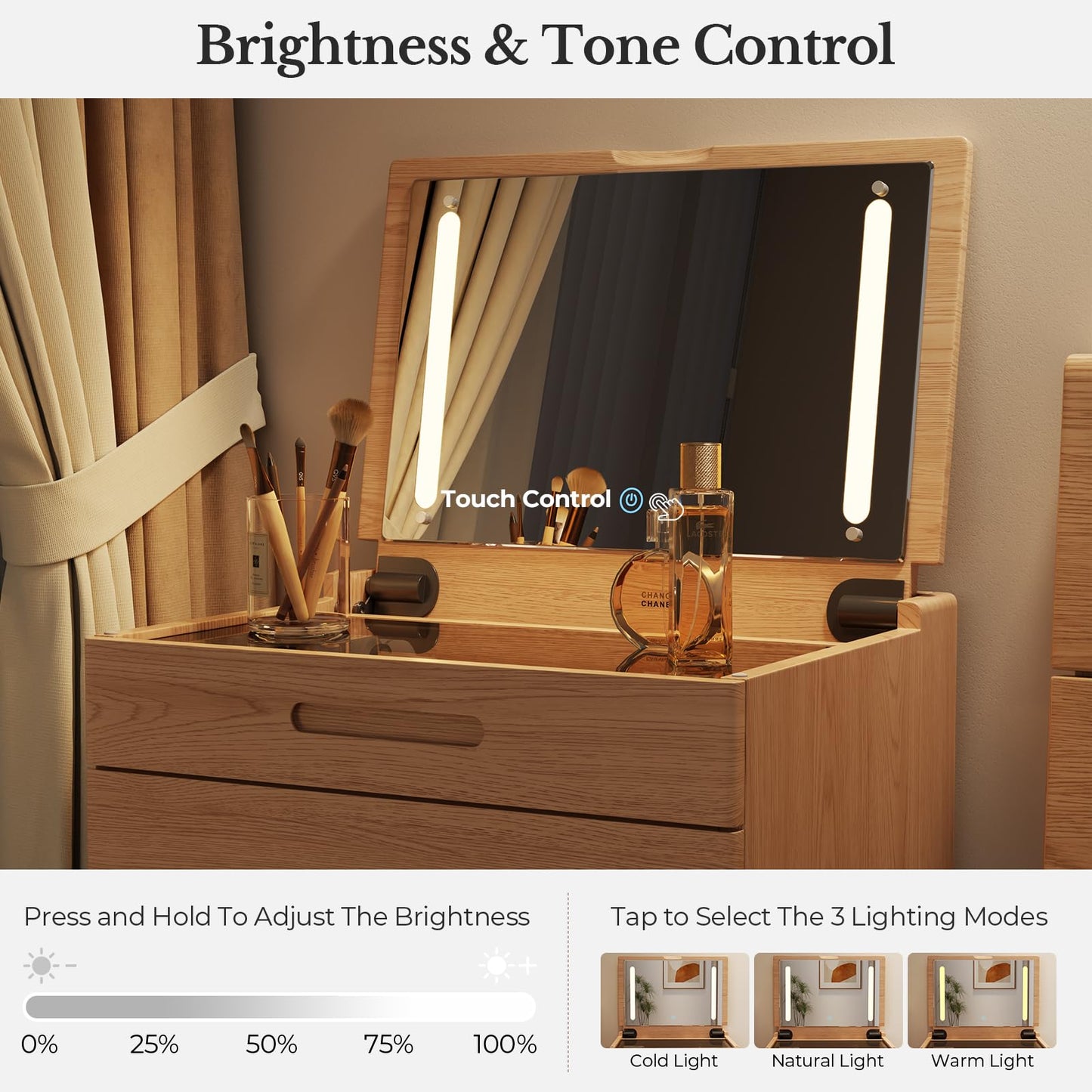 Muwuele Solid Wood Small Vanity Desk with Mirror and Lights, Narrow Makeup Vanity for Small Space, Flip Top Vanity Side Table, 3 Color Modes & Adjustable Brightness, 19.6" Slim Dressing Table, Natural