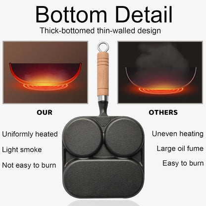 Egg Pan Omelette Pan, 3 Section Square Divided Breakfast Grill Pan with Solid Wood Handle, Nonstick Frying Pan for