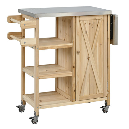 Foldable Outdoor Kitchen Island Cart with Stainless Steel Top, Rolling Grill Table with Storage Cabinet Shelves and Double Towel Rack, Wooden BBQ Prep Station with Lockable Wheels for Patio, Natural