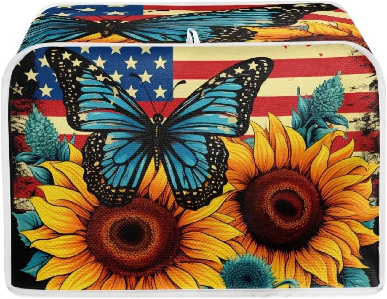 Sunflower Butterfly Print Toaster Cover, 4 Slice American Flag Washable Oven Cover for Kitchen