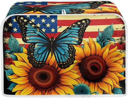 Sunflower Butterfly Print Toaster Cover, 4 Slice American Flag Washable Oven Cover for Kitchen