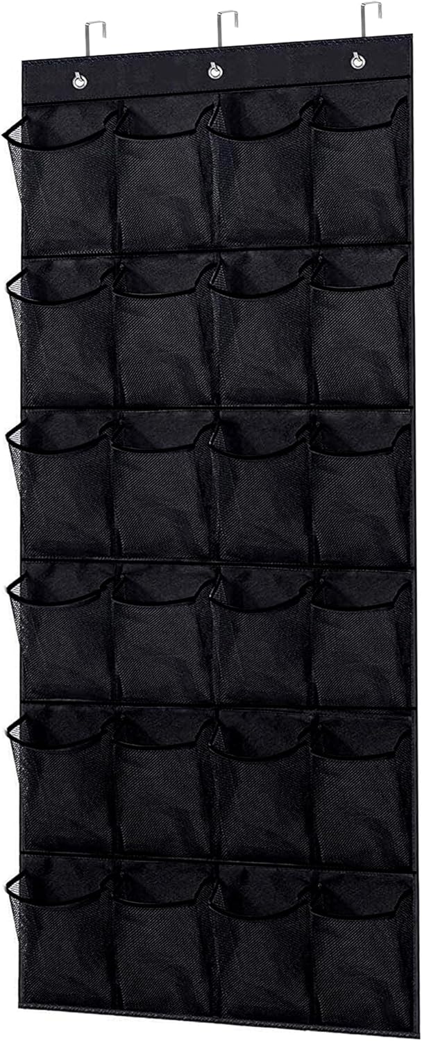 Over the Door Shoe Organizer - Black Mesh Organizer with 24 Pockets and Hooks for Space Saving Shoe Storage