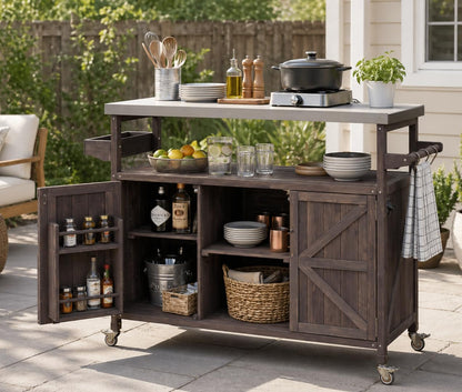 50" Outdoor Kitchen Island Grill Cart with 201 Stainless Steel Top, Solid Fir Wood, Modular Design, Internal Storage & Adjustable Shelves, 4 Lockable Wheels, 400LBS Capacity for Patio BBQ, Brown
