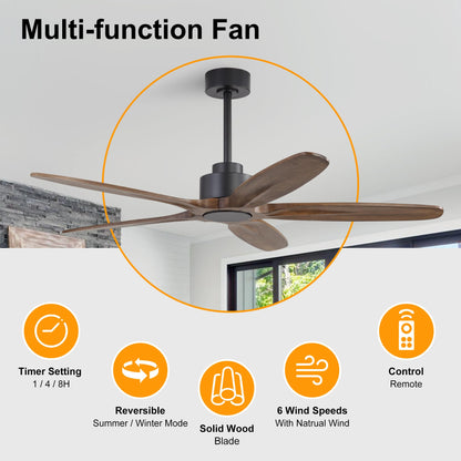WINGBO 54 Inch Ceiling Fan without Light - 5 Carved Solid Wood Blades, 6-Speed Reversible DC Motor, Noiseless Remote Control Ceiling Fan No Light for Bedroom Living Room Kitchen, Black and Walnut