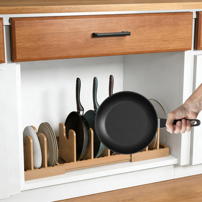 FoverOne Expandable Pot Lid Organizer, Bamboo Pot and Pan Organizer for Under Cabinet, 16" to 28" Adjustable Length and 8pcs Dividers
