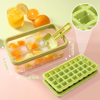 EuChoiz Ice Cube Tray with Lid Press Easy Release, Scoop and Bin Ice Trays for Freezer, Making 64 pcs Ice Cubes for Chilling Cocktail Whiskey Coffee Include 2 Trays and Storage Container, BPA Free