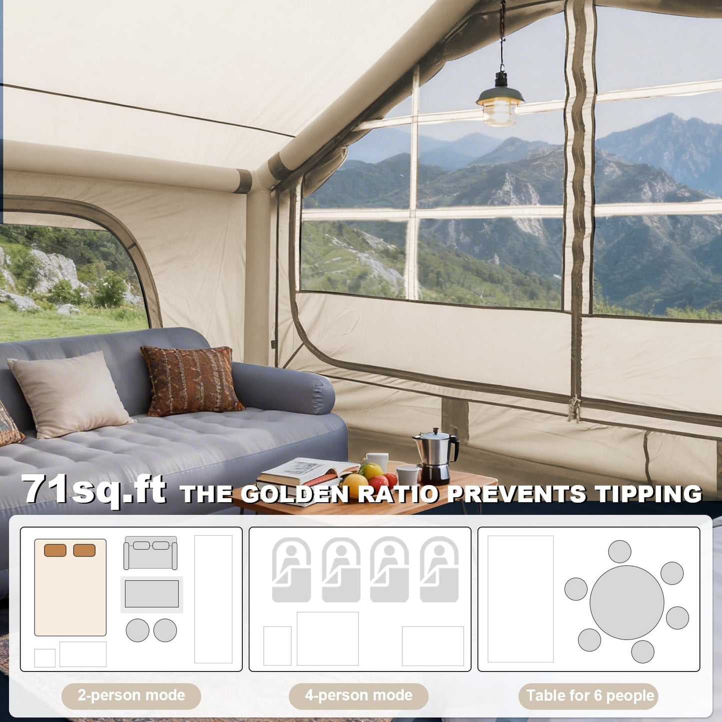 4-6 Person Inflatable Tent for Camping with Stove Jack, Hand Air Pump Easy Setup Blow Up Tents for 4 Seasons Waterproof Inflatable Air House Tent for Outdoor Adult