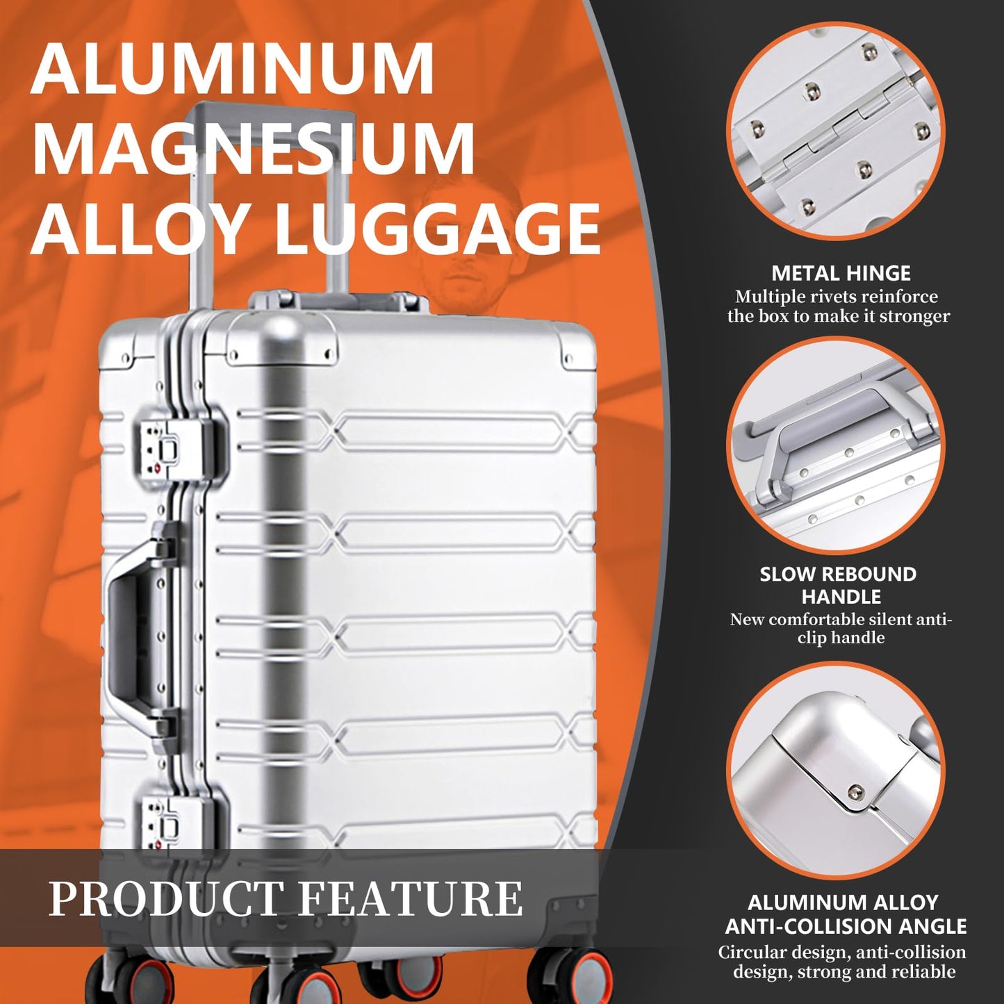 WEICHEN 2 Piece All Aluminum Luggage Set, Full Aluminum-Magnesium Alloy Hard Shell, 20 in Carry on & 29 in All Aluminum Zipperless Luggage, Hard Case Suitcases with Wheels, Aluminum Checked Luggage