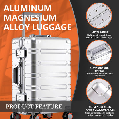 WEICHEN 2 Piece All Aluminum Luggage Set, Full Aluminum-Magnesium Alloy Hard Shell, 20 in Carry on & 29 in All Aluminum Zipperless Luggage, Hard Case Suitcases with Wheels, Aluminum Checked Luggage