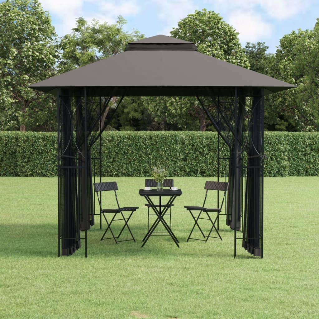 Anthracite Steel Gazebo with Sidewalls, 118.1"x118.1" Outdoor Canopy Tent, Double-Tiered Roof, Patio for Garden Parties Outdoor Structures