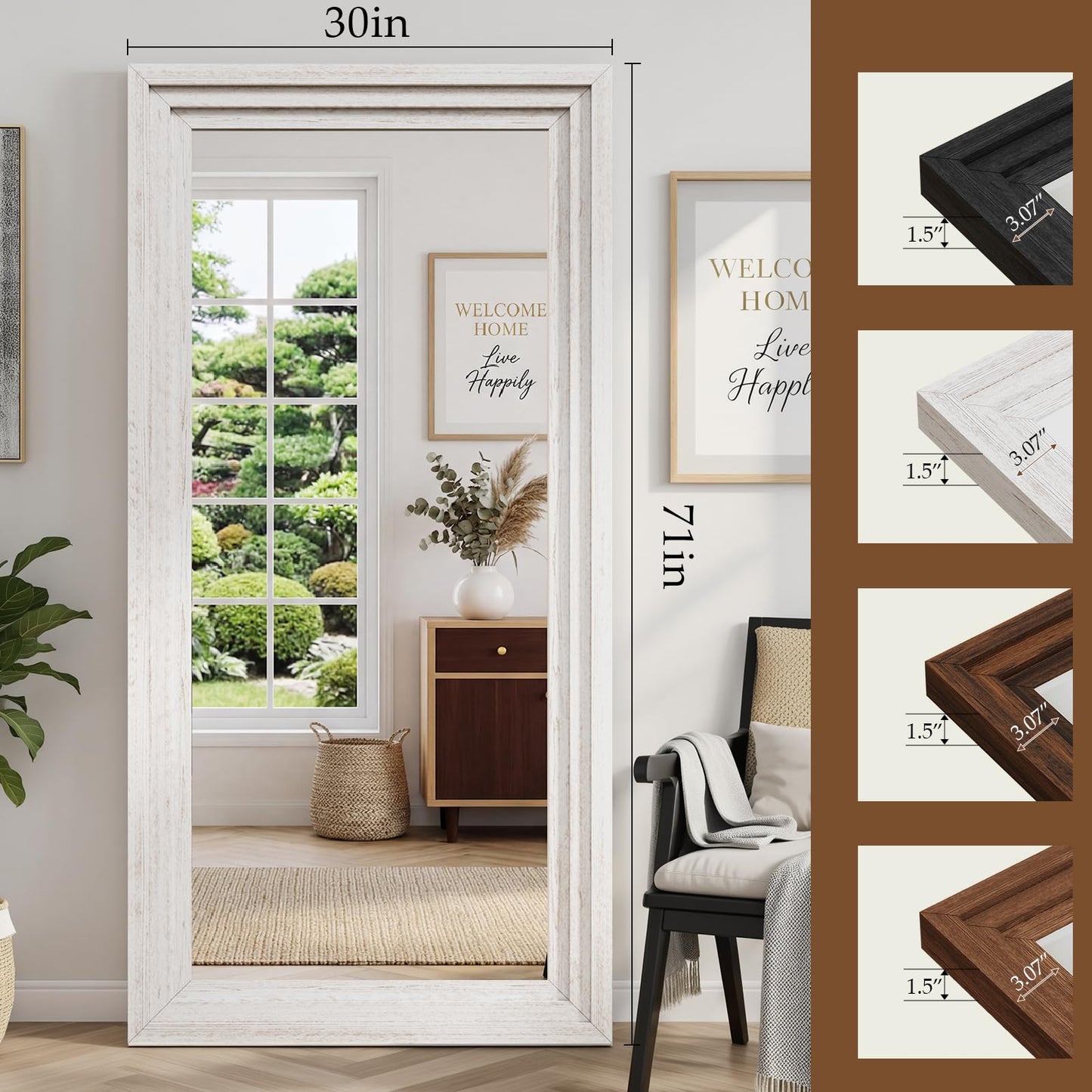 WISSMIELS Full Length Mirror 71"x30", Large Solid Wood Frame Floor Mirror, Leaning Floor Mirror, Stable Frame, Shatterproof Glass, Modern Classic Style for Bedroom, Living Room, Entryway