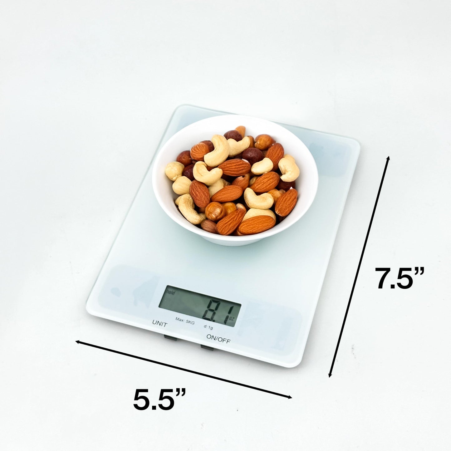 Glass Platform Digital Kitchen Scale - for Food Coffee Lab - LCD Display gram Ounces lb:oz fl.oz ml - 11 LB/5 KG Capacity - Battery Included - White by The Display Guys