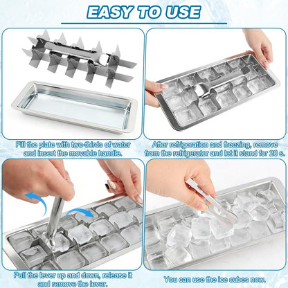 Stainless Steel Ice Cubes Tray With Ice-Clips,Hammer,10 anti-cut Finger Cots,(11", 18 cubes) Metal Ice-Tray with Release Lever Remove Handle for Making Various Ice-Cubes(silver,Size:11inch)