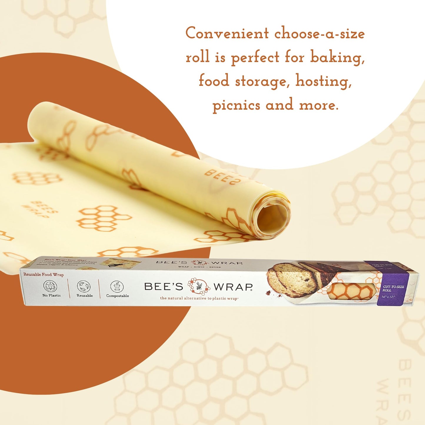 Bee's Wrap Beeswax Wraps for Food - Cut to Size 14x52" Beeswax Wrap Roll - Plastic Free Made in USA Reusable Natural Food Wrap - Honeycomb