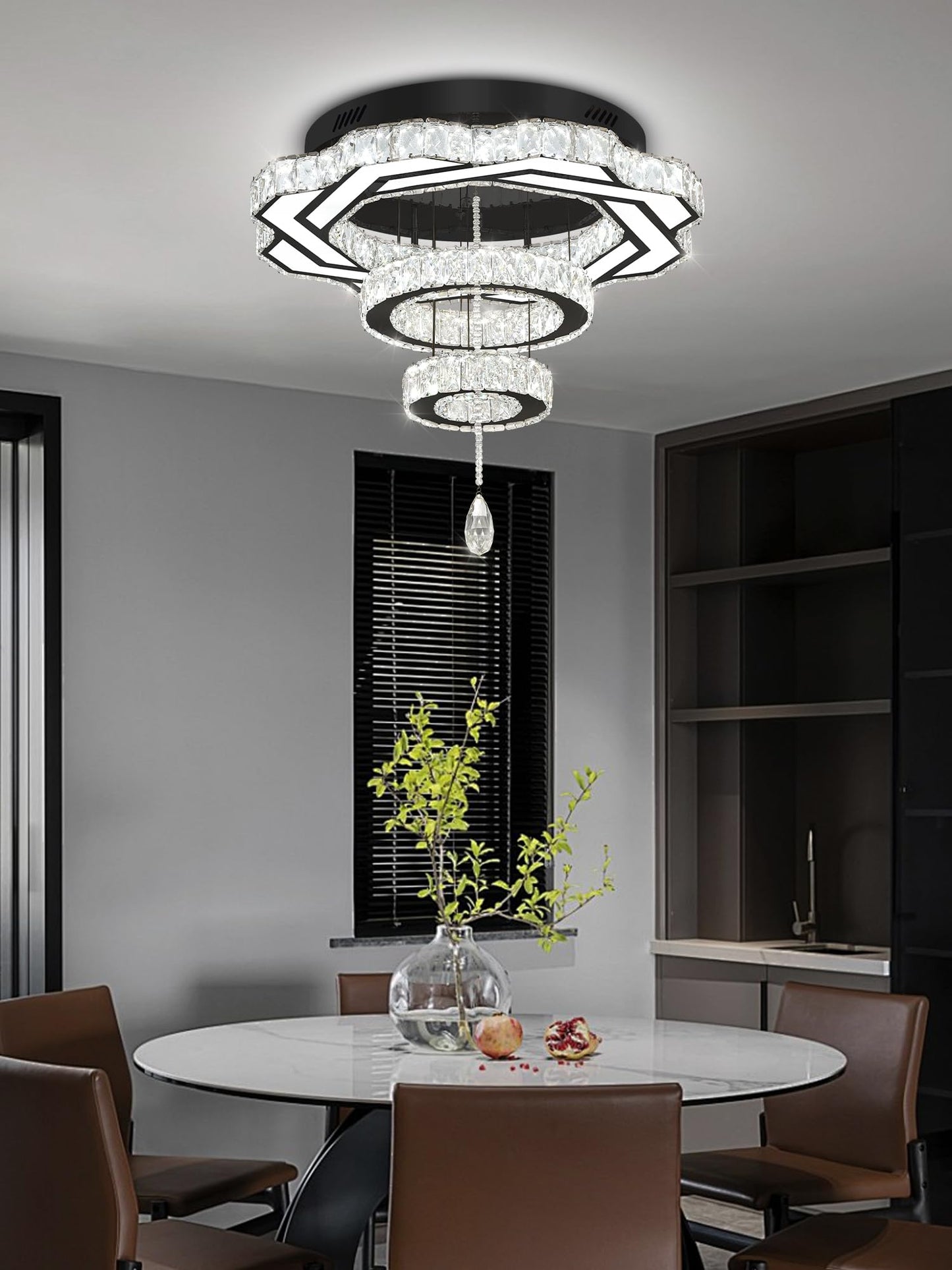 Flashing God Modern Crystal Chandeliers Dia 24" Black Chandelier Flush Mount Ceiling Light for Bedroom Living Room Dining Room Hallway Dimmable 3 Rings LED Celing Lighting Fixtures