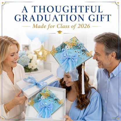 45 PCS DIY Graduation Cap Decoration Kit - 8 Cream Construction Paper with Artificial Flower Heads Bow 3D Butterfly Pearl Adhesive Dots Rhinestone Stickers for Grad Hat Topper DIY (Light Blue)