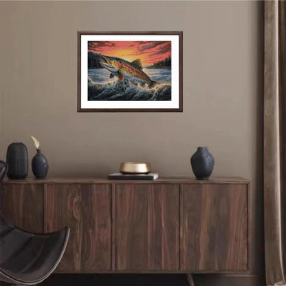 Trout Fish Jump from Water Sunset DIY 5D Diamond Art Painting by Number Kits for Adults Paint with Round Full Drill Diamond Gems Painting Art Craft for Home Wall Decor 11.8x15.8in(1)