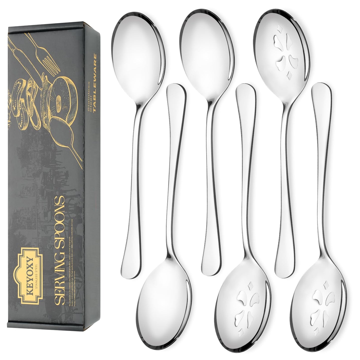 Keyoxy 6 Piece Stainless Steel Serving Spoon Set - 3 Large, 3 Slotted,Dishwasher Safe,10-Inch,for Parties/Kitchen/Buffet/Catering