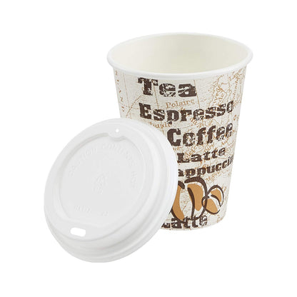 Amazon Basics to Go Hot Paper Coffee Cups with Lids, 12 oz, Café Design, Disposable, 100-Count