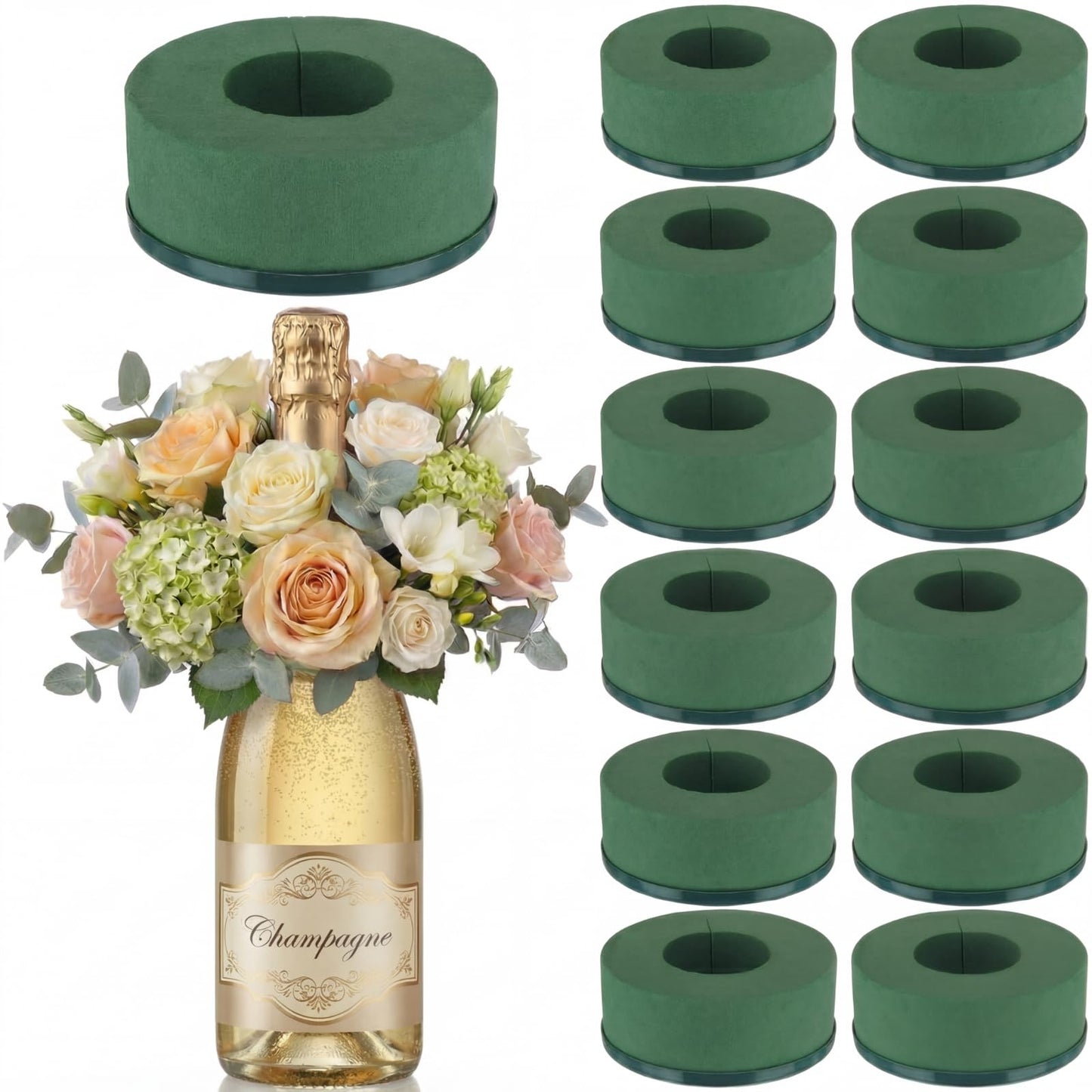 Wonderjune 12 Pcs Mini Floral Foam Holder for Wine Bottle Topper Green Flower Foam Round with Base Flower Arrangement Supplies for Wedding Party Table Decoration Wine Bottle Decor (3.9 x 1.8")