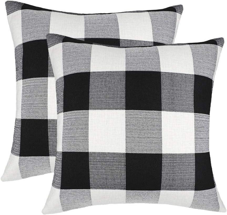 4TH Emotion Set of 2 Black and White Farmhouse Buffalo Check Plaid Throw Pillow Covers, 20 x 20 Inches, Polyester Linen