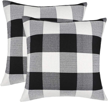 4TH Emotion Set of 2 Black and White Farmhouse Buffalo Check Plaid Throw Pillow Covers, 20 x 20 Inches, Polyester Linen