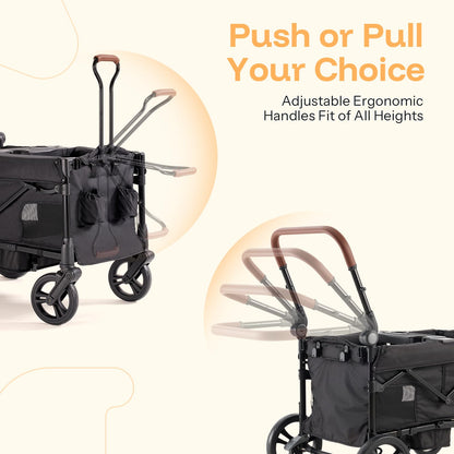 Harppa Remy Foldable Wagon Stroller for 2 Kids with Mosquito Net UPF 50+ Canopy, 110 lbs Capacity, 5-Point Harness, All-Terrain Wheels, Adjustable Handle for Park Zoo Camping Twins and Siblings Black