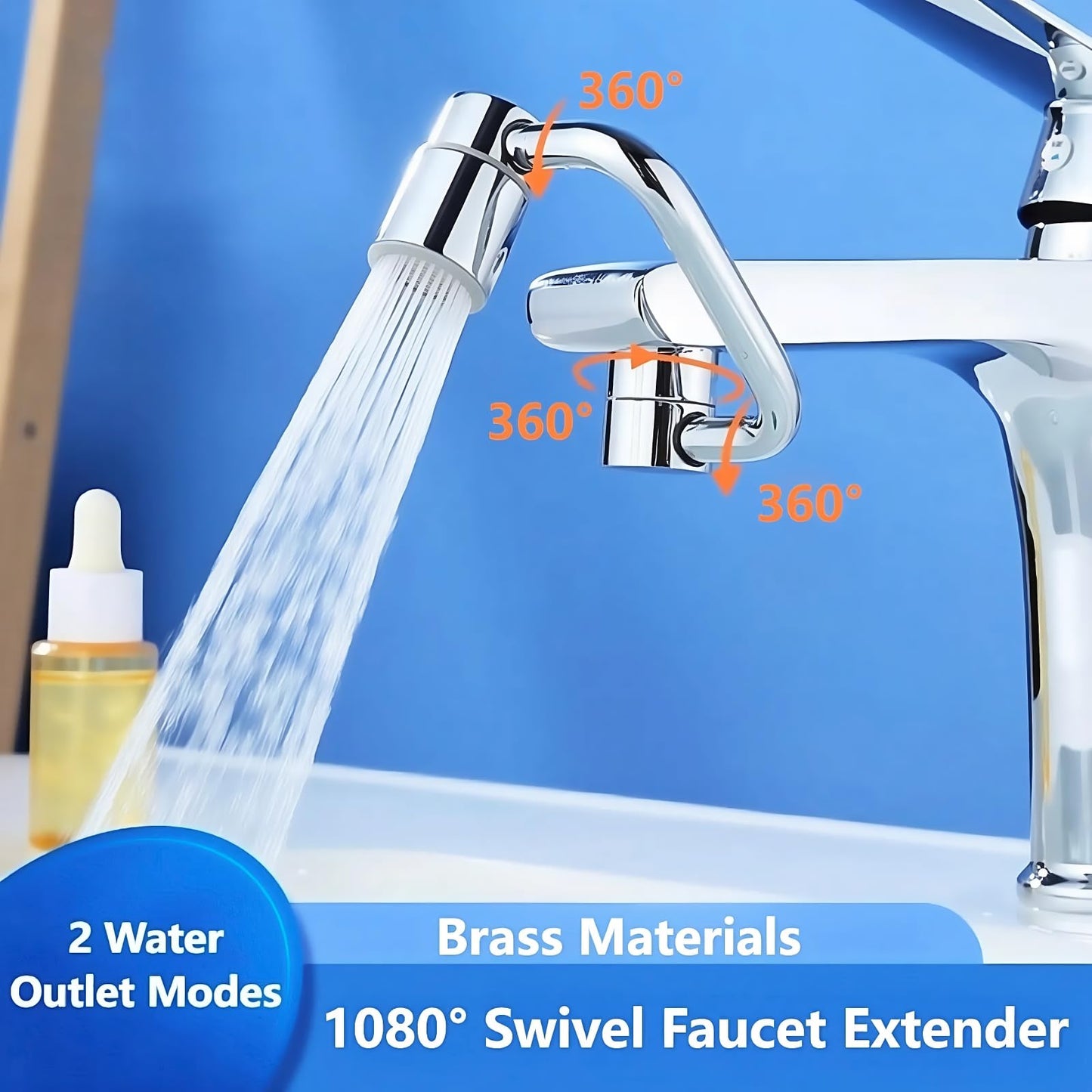 BOSICATS 1080° Brass Faucet Extender, Sink Faucet Extender for Toddlers, 2 Spray Modes Kitchen Faucet Aerator, Fits 55/64" & 15/16" Threads (Gold)