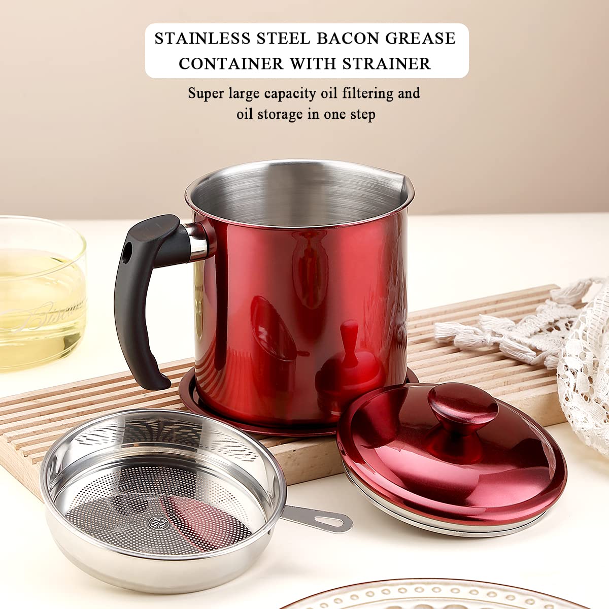 Kyraton Bacon Grease Container With Strainer, 48 oz Metal Shining Red Stainless Steel Oil Container, Pot Fat Storage With Lid, Easy Grip Handle Suitable For Storing Frying Oil And Cooking Grease