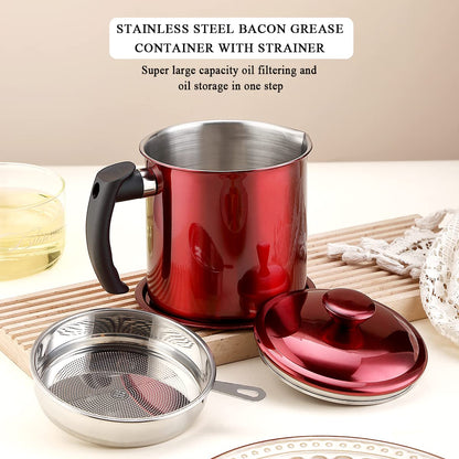 Kyraton Bacon Grease Container With Strainer, 48 oz Metal Shining Red Stainless Steel Oil Container, Pot Fat Storage With Lid, Easy Grip Handle Suitable For Storing Frying Oil And Cooking Grease