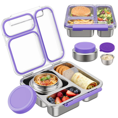 Pawtong Stainless Steel Bento Box Kids Adult with 7oz Insulated Food Jar, Transparent Lid Metal Lunch Box With Soup Thermal Jar, Lunch Box Container with Removable Divider & Sauce Cup School (Purple)
