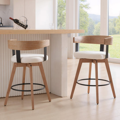DUOMAY Swivel Bar Stools Set of 2, 26" Counter Height Bar Stool with Footrest Modern Wood Barstools with Linen Upholstered Seat Counter Stools for Kitchen Island Home Bar, White