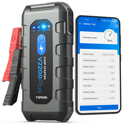 Car Battery Jump Starter and Battery Tester TOPDON 2-in-1 2200A Peak Jump Starter for Up to 8L Gas/6L Diesel Engines 12V Portable Booster and Tester