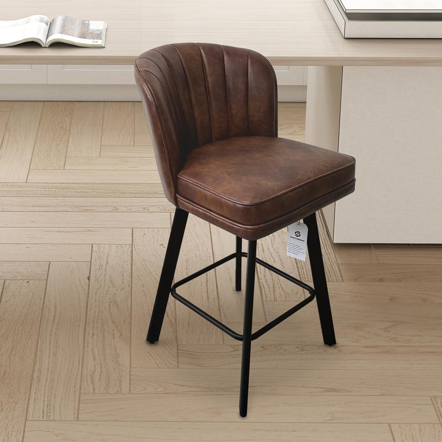 SAECKBERG Swivel Counter Height Bar Stools Set of 3, 26'' Modern Barstools with Backs and Metal Legs, Upholstered Bar Chairs, Faux Leather Brown Stools for Kitchen Island Chairs