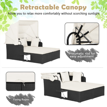 Tangkula Patio Rattan Daybed with Retractable Canopy, Outdoor Wicker Sunbed Lounger with 2 Foldable Side Tables, Thick Seat & Back Cushions, Double Daybed for Garden, Backyard, Porch (Off White)