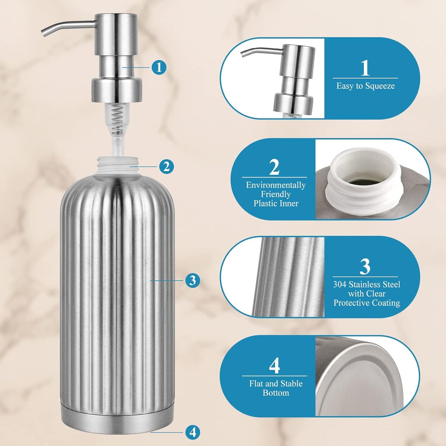 Rust-Proof Stainless Steel Countertop Soap Dispenser - Roman Column Shaped 18 oz Brushed Nickel Bottle with Pump