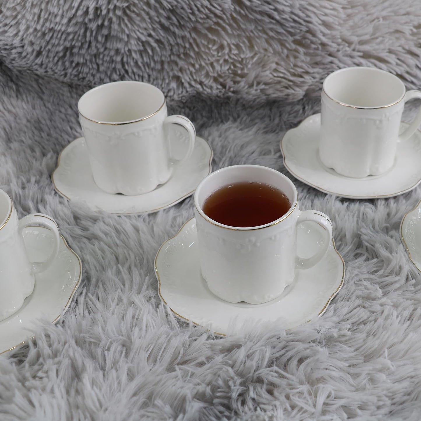 GuangYang 7oz Fine Porcelain Tea Cups and Saucers Set with Gold Trim – Elegant White Embossed Coffee & Tea Cup Set for Afternoon Tea, Cappuccino, Latte, Wedding or Gift