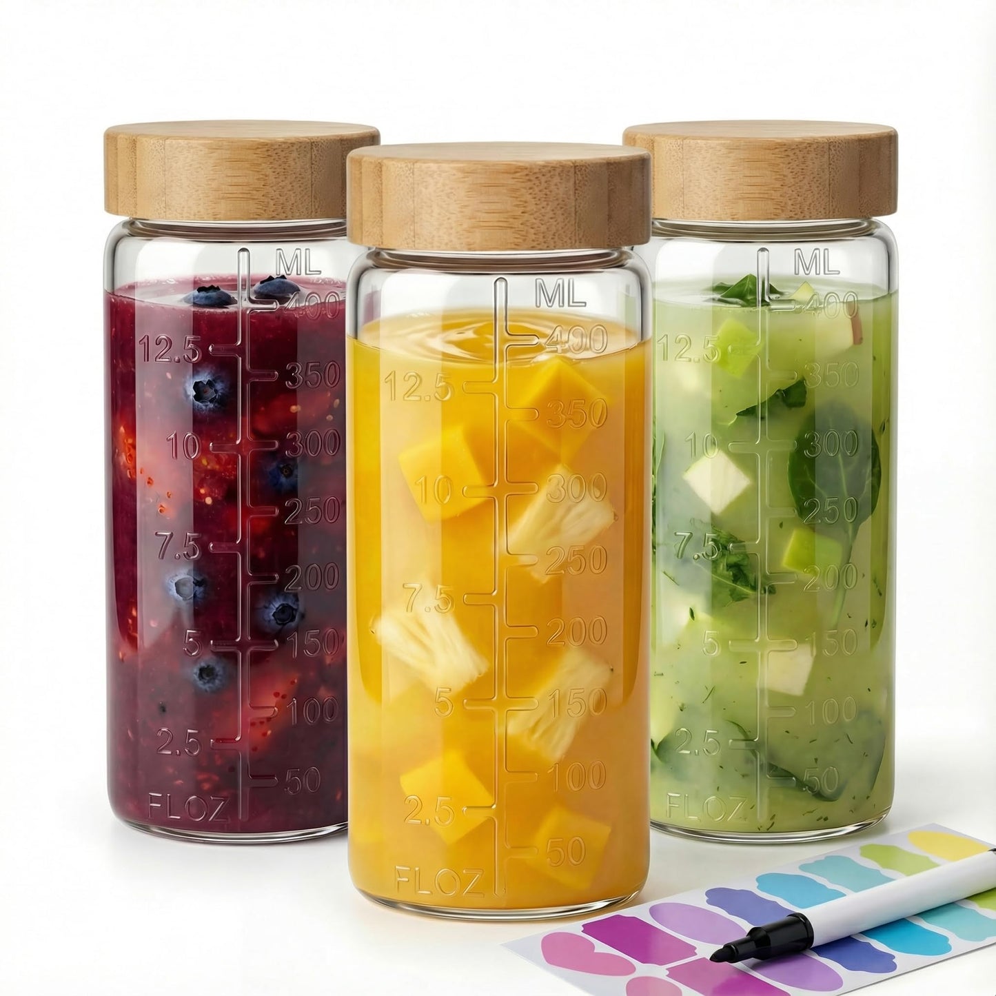 HomArtist 16oz Round Glass Juice Bottles with Lids, 3 Pack Reusable Juice Containers with Bamboo Lids, Glass Juicing jars for Drinking Tea, Kombucha, Smoothie, Milk