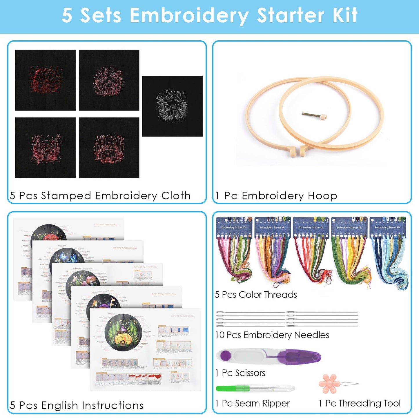 ERKOON 5 Sets Embroidery Kit for Beginners, Art Craft Handy Sewing Set Mushroom Cross Stitch Starter Kits, DIY Embroidery Kits with Patterns and Instructions Hoops Needles Threads