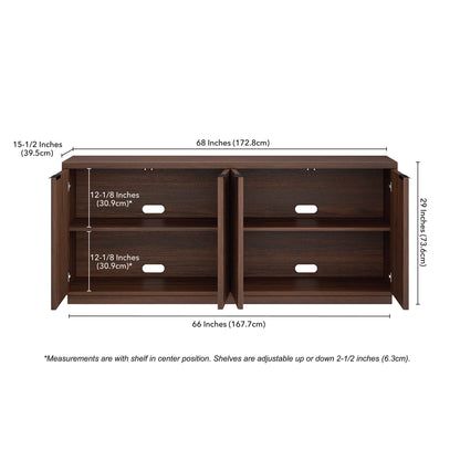 Henn&Hart 68" Fluted Sideboard Buffet Cabinet, Ribbed Wooden Credenza with 4 Doors, Adjustable Shelves, and Cable Management Cut-Outs for Dining Room, Kitchen, Living Room or Entryway, Rich Brown