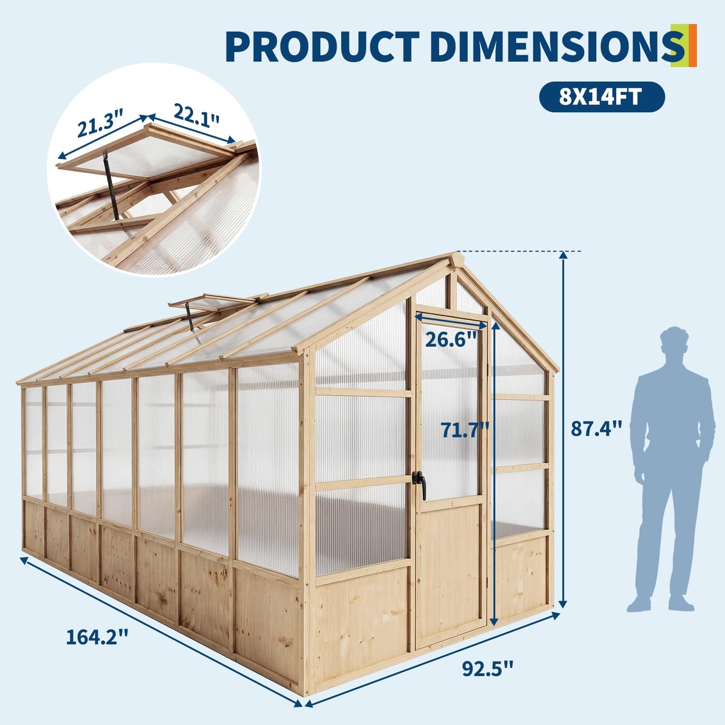 Wooden Greenhouse Kit with 4mm Polycarbonate Panels & 2 Adjustable Ventilation - Heavy Duty Wood Large Outdoor Greenhouse with Lockable Door for Garden, Backyard, Patio, Lawn Walk-in Green House