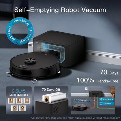 Robot Vacuum and Mop Combo,Up to 8000Pa Suction,Robot Vacuum Self-Emptying,70-Day Hands-Free Cleaning 220 Min Runtime LiDAR Navigation, Home Mapping, Ideal for Pet Hair, Hard Floors, Carpet-Black