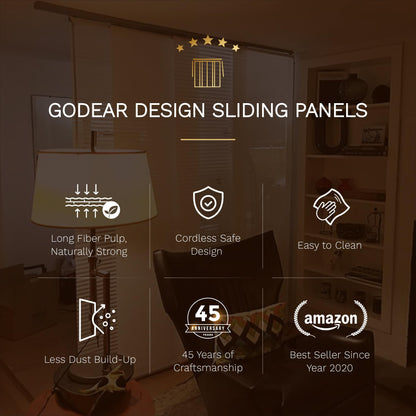 GoDear Design 99.99% Blackout Adjustable Sliding Panel Track Blinds for Sliding Glass Doors 45.8"- 86" W x 96" H, Extendable Vertical Blinds, Trimmable Natural Woven Panel, Bali Cottages