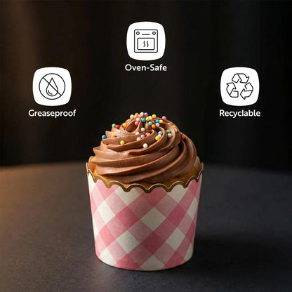 Restaurantware Panificio 4.5 Ounce Baking Cups 500 Disposable Paper Baking Cups - Greaseproof Oven-Ready Pink Paper Muffin Liners Microwavable Gold Rimmed Design