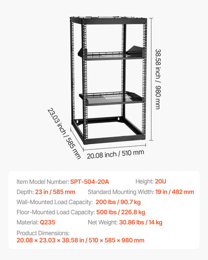 VEVOR 20U Server Rack, Open Frame Network Rack,4-Post Floor Standing or Wall Mounted, Includes 2PCS Vented 1U Rack Shelves & Mounting Hardware, Computer Wall Rack for 19" IT/AV Equipment